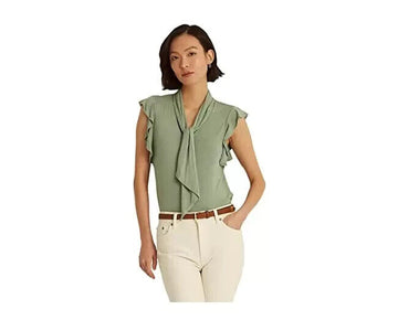 Ralph Lauren Ruffle-Sleeve Tie Neck Top Green Size L MSRP $70