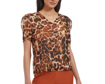 Calvin Klein Petite Animal Print Puff-Sleeve Blouse Size PS Brown MSRP $69