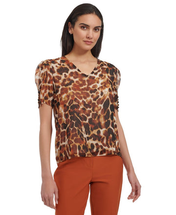 Calvin Klein Petite Animal Print Puff-Sleeve Blouse Size PS Brown MSRP $69