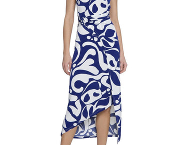 Donna Morgan Womens Printed Wrap Dress Blue Size 6