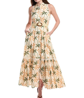 Taylor Women 100% Cotton Taffeta-Belt Sleeveless Dress Orange Ivory Size 6 $138