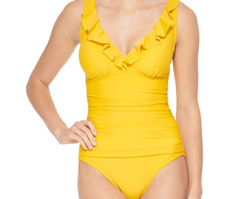Dkny Ruffle Plunge Underwire Tummy Control One-Piece Swimsuit Yellow Size 14 $98