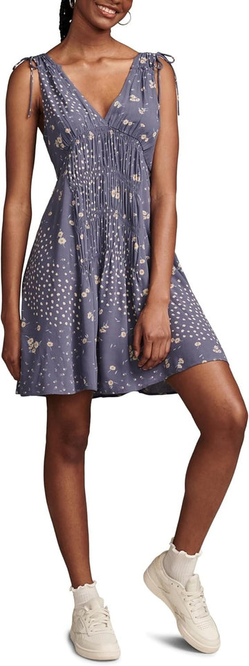 Lucky Brand Women's Printed Smocked V-Neck Sleeveless Dress Blue Size L MSRP $99
