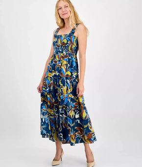 Anne Klein Women Printed Smocked Cotton Sleeveless Maxi Dress Green Size M $149
