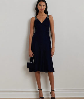 Lauren Ralph Lauren Beaded Velvet Sleeveless Cocktail Dress Blue Size 4 MSRP$295