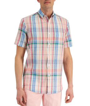 Club Room Shirt Mens Size M Multicolor Plaid Linen Short Sleeve Button-Up $50