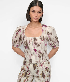DKNY Women Printed Woven Zip Linen Puff-Sleeve Square neck Top Ivory SIze XL $89