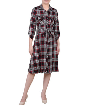 NY Collection 3/4 Sleeve Roll Tab Shirtdress + Belt Red Black Petite Size PM $58