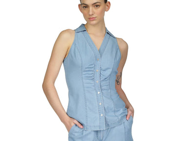 Michael Kors Women's Petite Sleeveless Tencel Collared Top, Sky Blue Size PS