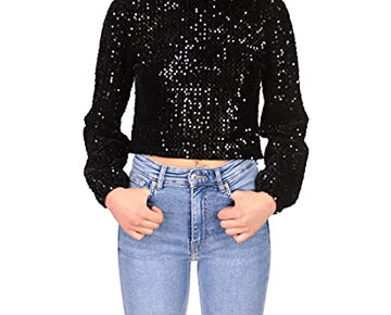 Sanctuary All Nighter Mock Neck Sequin & Velvet Blouse Black Size L (US 10-12)