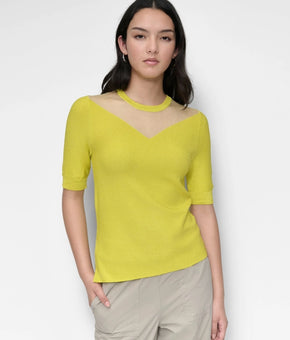 DKNY Women's Sheer-Yoke Short-Sleeve Crewneck Top Acid Yellow Size L MSRP $89