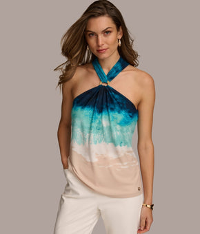 Donna Karan Women's Printed Halter Top Blue Size M MSRP $69