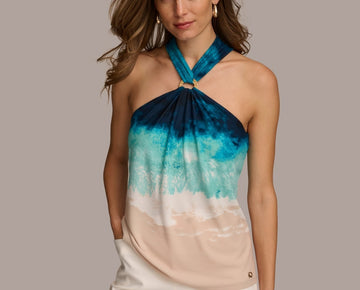 Donna Karan Women's Printed Halter Top Blue Size M MSRP $69