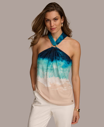 Donna Karan Women's Printed Halter Top Blue Size M MSRP $69