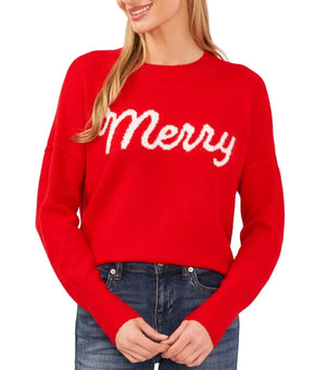 CeCe Sweater Women Size XS Red Merry Graphic Pullover Christmas Holiday MSRP $69