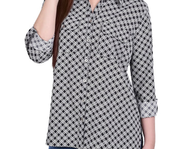 NY Collection 3/4 Sleeve Roll Tab Notch Collar Blouse Size PL Black White Petite