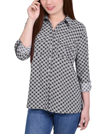 NY Collection 3/4 Sleeve Roll Tab Notch Collar Blouse Size PL Black White Petite