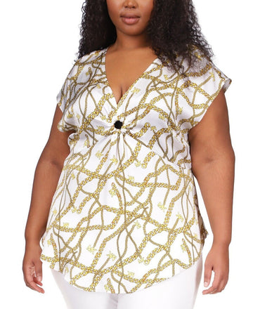 Michael Kors Plus Size 2X Logo Chain-Print Top Gold White MSRP $98