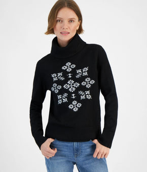 Tommy Hilfiger Women's Snowflake Graphic Turtleneck Sweater Black Size XL $90