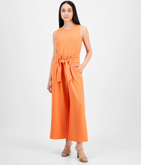 Bar III Petite Women's Sleeveless Crewneck Tie-Waist Jumpsuit Orange Size PM $60