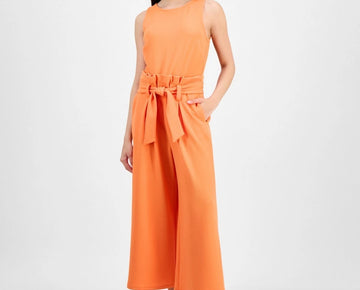 Bar III Petite Women's Sleeveless Crewneck Tie-Waist Jumpsuit Orange Size PM $60