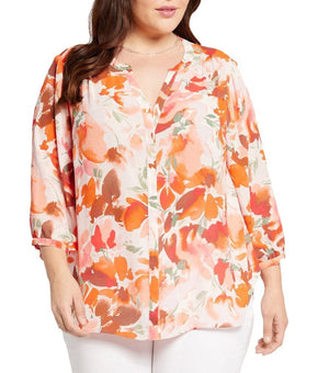 NYDJ womens Plus Pintuck Blouse, Plus Size 1X Pink Orange MSRP $89