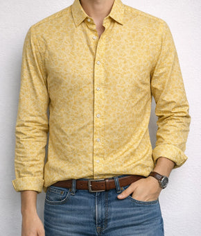 Bar III Dress Shirt Men Size L 16/16.5 Yellow Slim Fit Floral Organic Cotton $65
