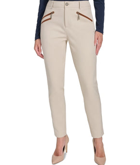 Tommy Hilfiger Women's Faux-Leather-Trim Ankle Pants Beige Size 2 MSRP $119