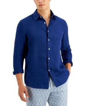 Tasso Elba Men's Regular-Fit Glen Plaid Linen Shirt Dark Blue Size M MSRP $70