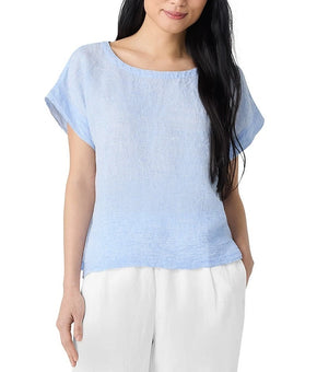 EILEEN FISHER BALLET Light Blue Ballet Neck Top Size L Organic 100% linen $138