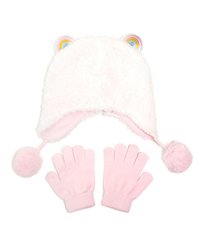 InMocean Little Girls Rainbow Ear Sherpa Heidi 2 Piece Set Pink Hat Gloves