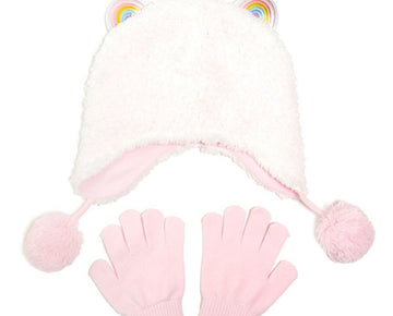 InMocean Little Girls Rainbow Ear Sherpa Heidi 2 Piece Set Pink Hat Gloves