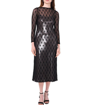 CeCe Women's Lace-Over-Metallic Long-Sleeve Midi Dress Black Size M MSRP $99