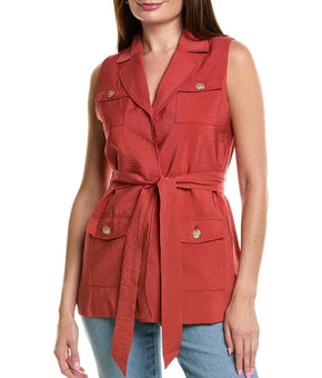 Anne Klein Sleeveless Self Tie-Waist Patch-Pocket Jacket Brick Brown Size M $129
