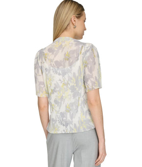 Calvin Klein Printed Mock Neck Light Short-Sleeve Top Ivory Petite Size PXL $79