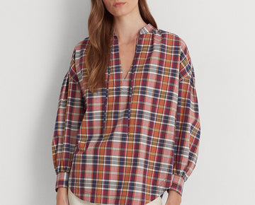 LAUREN RALPH LAUREN Women's Cotton Madras Tie-Neck Blouse Pink Size L MSRP $115