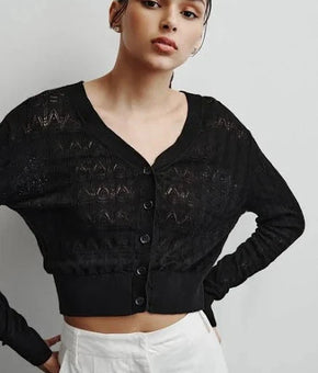 DKNY V-NECK FINE GAUGE POINTELLE CARDIGAN Black Size XXS MSRP $59