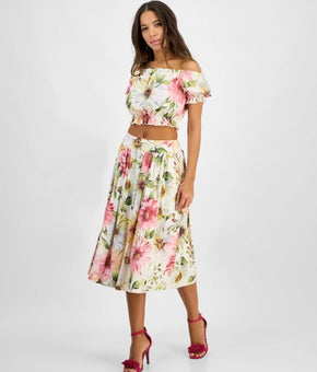 GUESS Women's Elodie Floral-Print Smocked-Waist Skirt Ivory Green Size XL $118