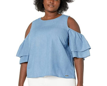 Michael Kors Plus Size Cold-Shoulder Ruffled Top Blue Size 1X MSRP $84