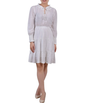 NY Collection Petite Tiered Dress with Ruffled Neck White Size PS MSRP$58