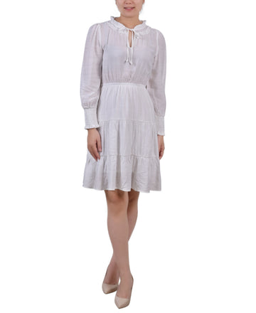NY Collection Petite Tiered Dress with Ruffled Neck White Size PS MSRP$58