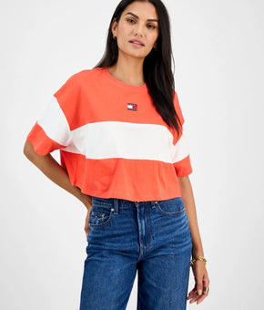 Tommy Jeans Women's Colorblock Cotton Crop Cotton T-Shirt Orange White Size L