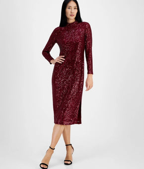 Anne Klein Women's Mock-Neck Sequin Side slit Midi Dress Burgundy Size 4 $159