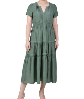 NY Collection Women Petites Tiered Split Neck Midi Dress Green Size PM MSRP $54