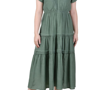 NY Collection Women Petites Tiered Split Neck Midi Dress Green Size PM MSRP $54