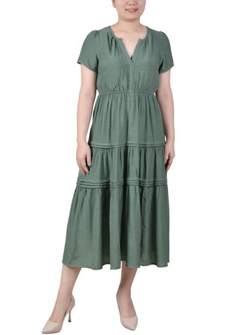 NY Collection Women Petites Tiered Split Neck Midi Dress Green Size PM MSRP $54
