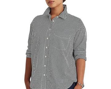 LAUREN Ralph Lauren Plus Size 1X Striped Cotton Broadcloth Shirt Gray MSRP $100