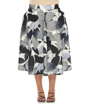 White Mark Plus Size 3X Leaf Print Vintage Flared Midi Skirt Polyester Gray $70