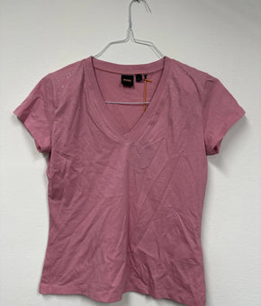 Boss Shirt Womens Size S Pink Rhinestone V Neck Jersey Tee Top Casual Stretch