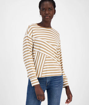 Nautica Jeans Women's Pieced Striped Long-Sleeve Top Beige Size XS MSRP $60